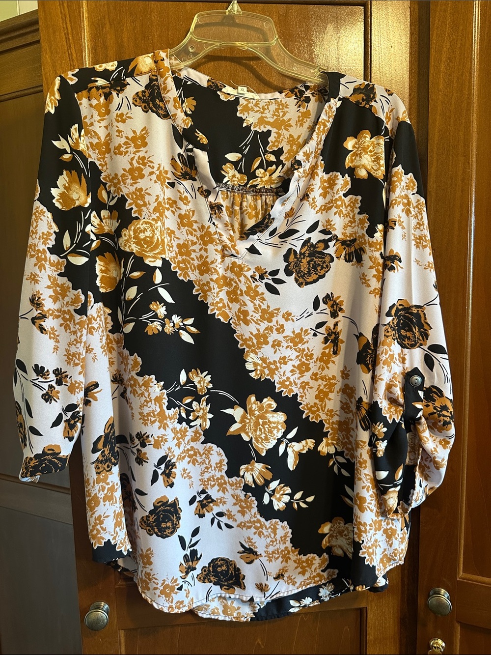 Maurices Black and Mustard Floral V-Neck Blouse